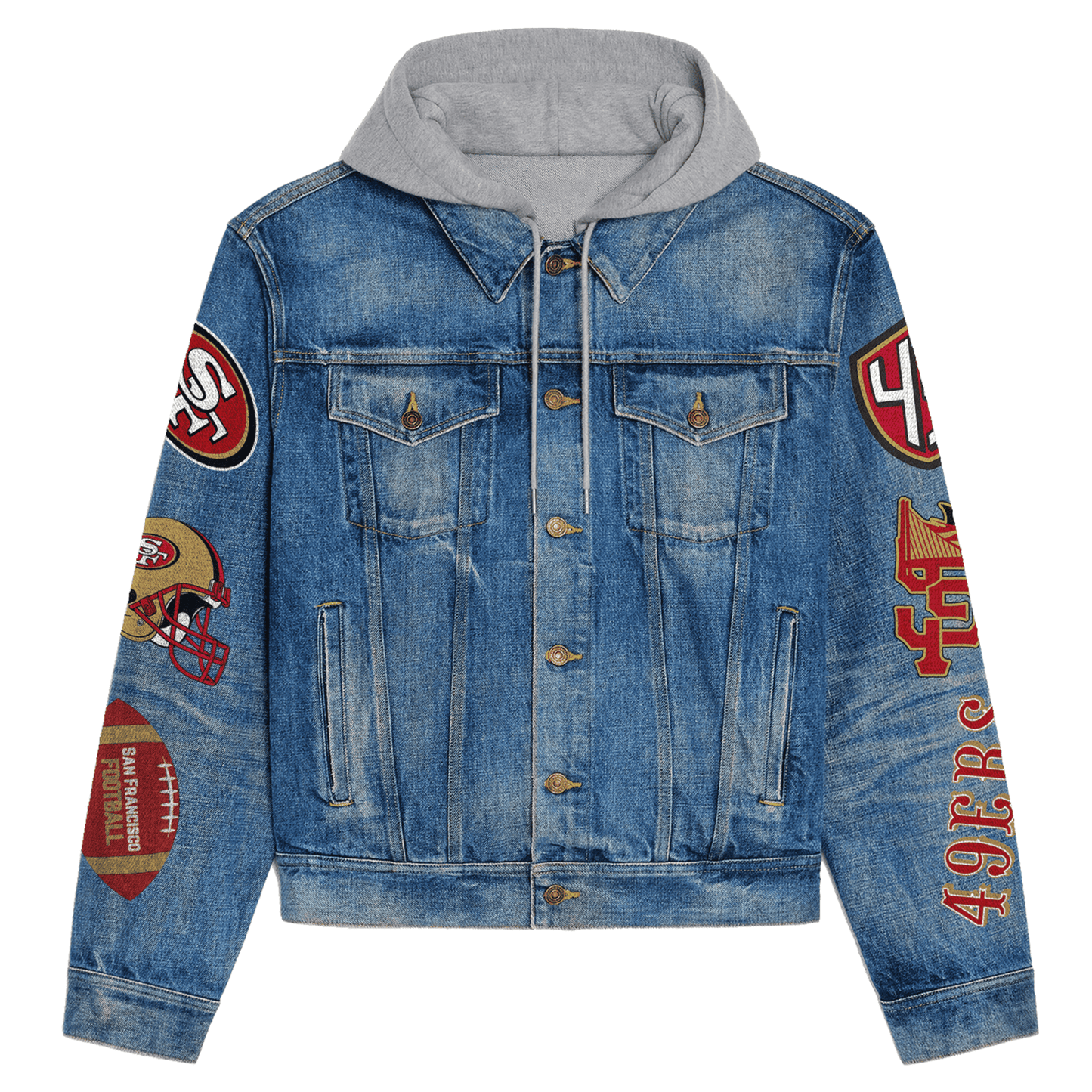 San Francisco 49ers Premium Hooded Denim Jacket New Collection AZBTHDJ000149