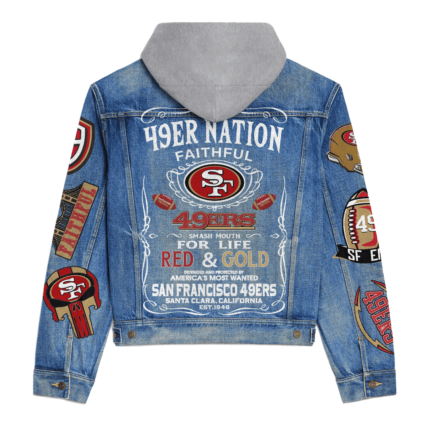 San Francisco 49ers Premium Hooded Denim Jacket New Collection AZBTHDJ000153
