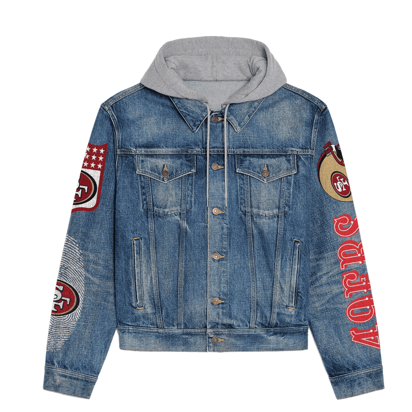San Francisco 49ers Premium Hooded Denim Jacket New Collection AZBTHDJ000152