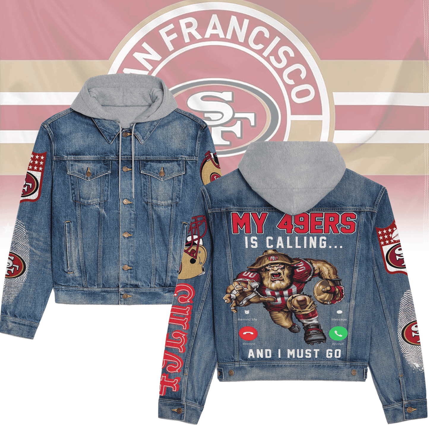 San Francisco 49ers Premium Hooded Denim Jacket New Collection AZBTHDJ000152