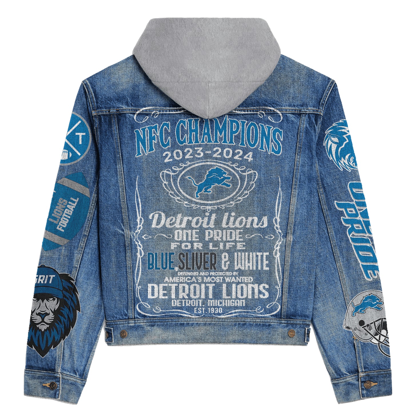 Detroit Lions Premium Hooded Denim Jacket New Collection AZBTHDJ000216