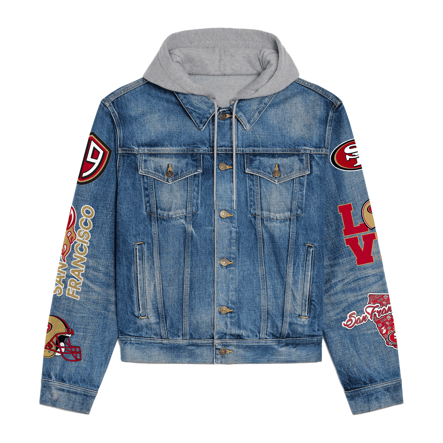 San Francisco 49ers Premium Hooded Denim Jacket New Collection AZBTHDJ000223