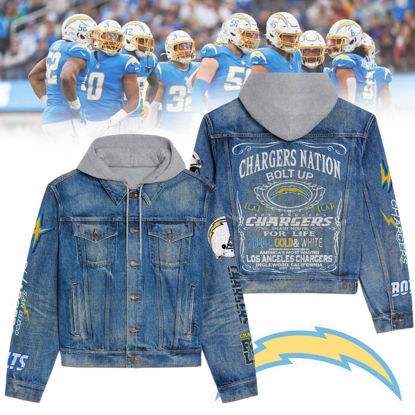 Los Angeles Chargers Premium Hooded Denim Jacket New Collection AZBTHDJ000229