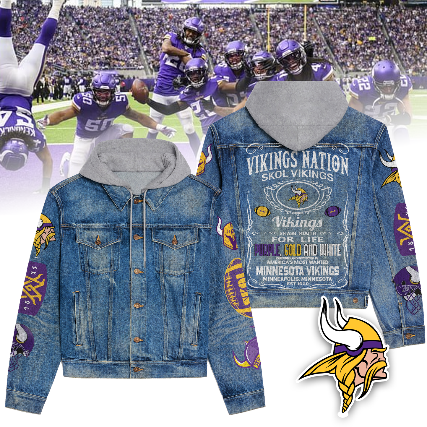 Minnesota Vikings Premium Hooded Denim Jacket New Collection AZBTHDJ000241