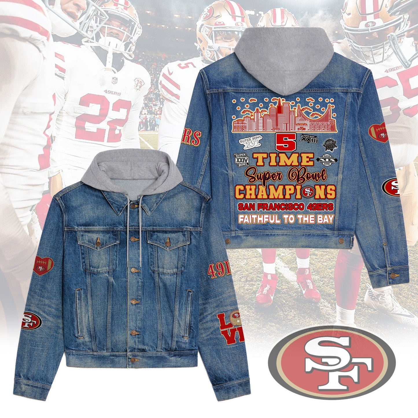 San Francisco 49ers Premium Hooded Denim Jacket New Collection AZBTHDJ000189