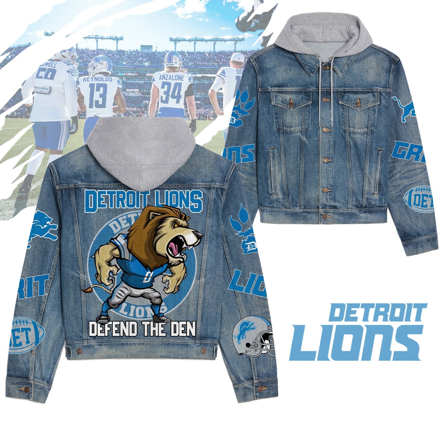 Detroit Lions   Premium Hooded Denim Jacket New Collection AZBTHDJ000196