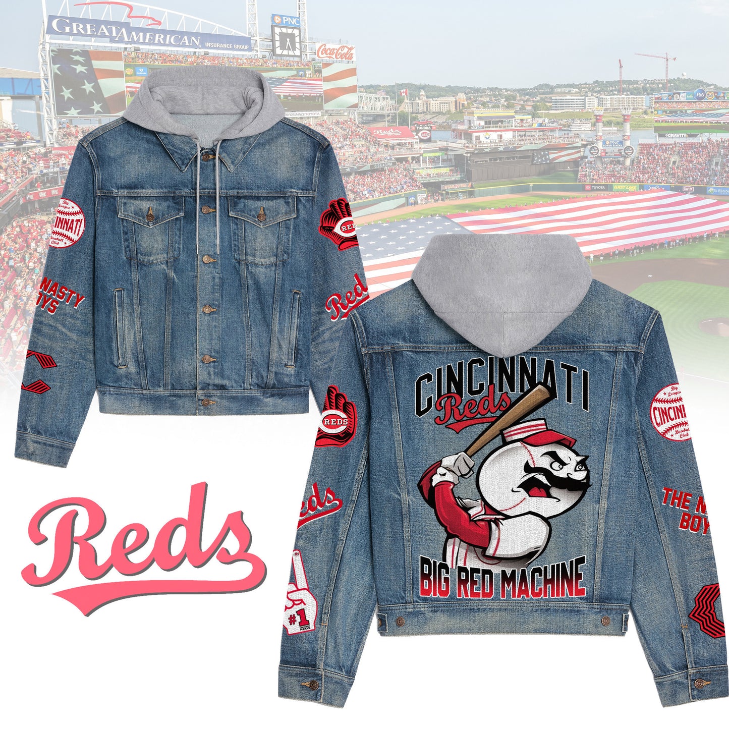 Cincinnati Reds Premium Hooded Denim Jacket New Collection AZBTHDJ000551