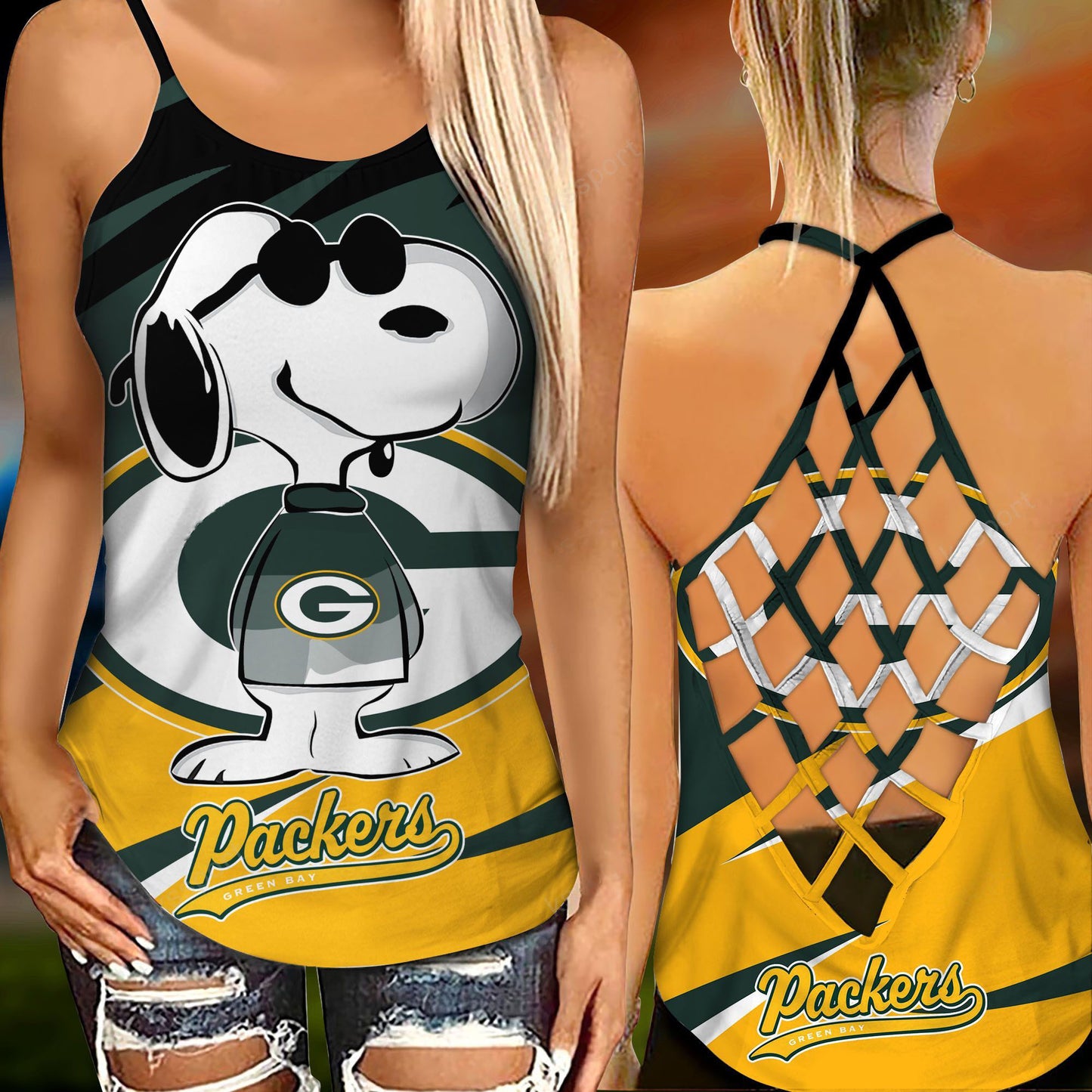 Green Bay Packers Leggings And Criss Cross Tank Top BG83