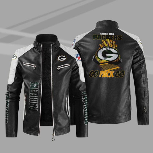 Green Bay Packers Stand Collar Leather Jacket BG04