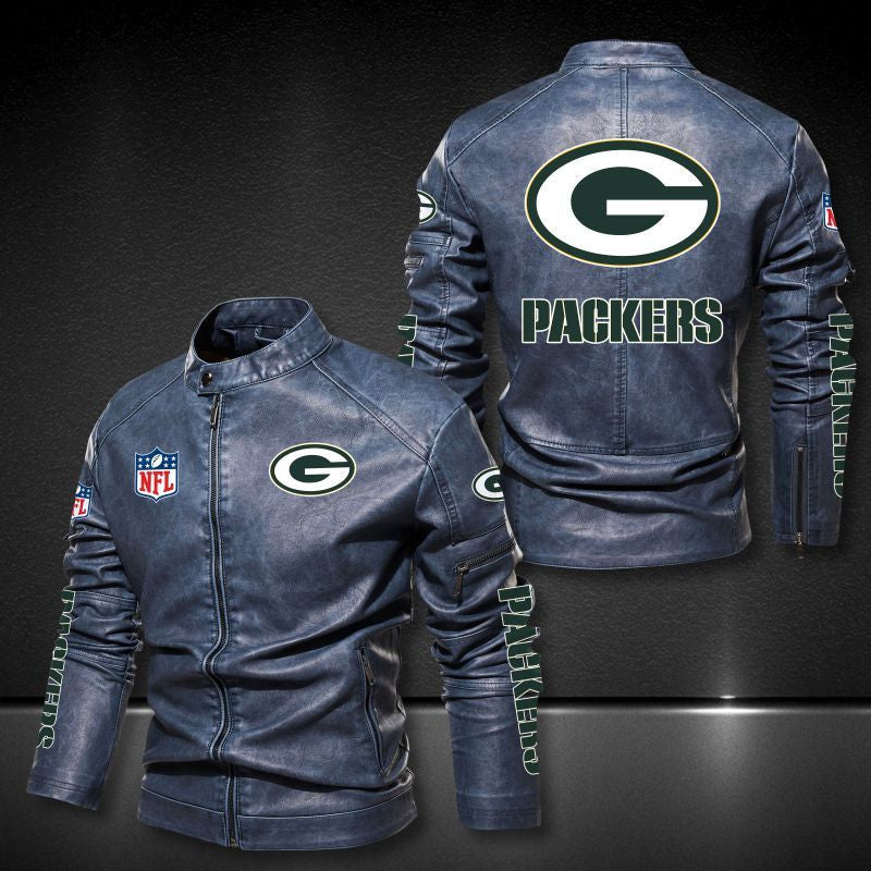 Green Bay Packers Stand-up Collar Leather Jacket BG20