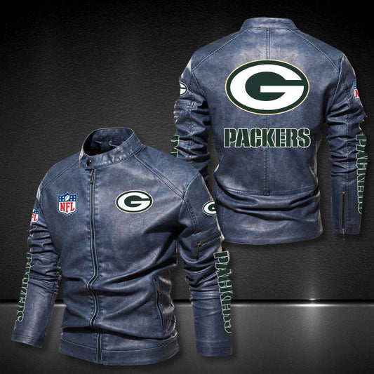 Green Bay Packers Stand-up Collar Leather Jacket BG20