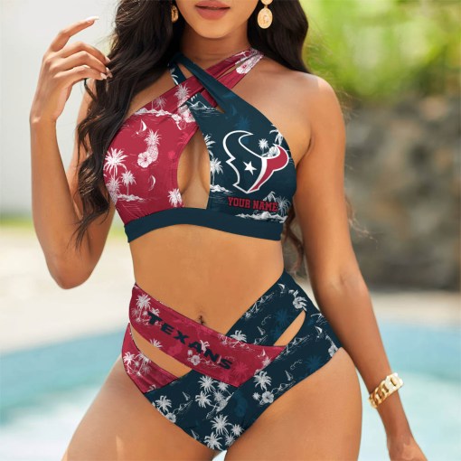Houston Texans Women’s 2PCS Bikini Swimsuit Criss Cross Cutout Bathing Suit S9BCCB070