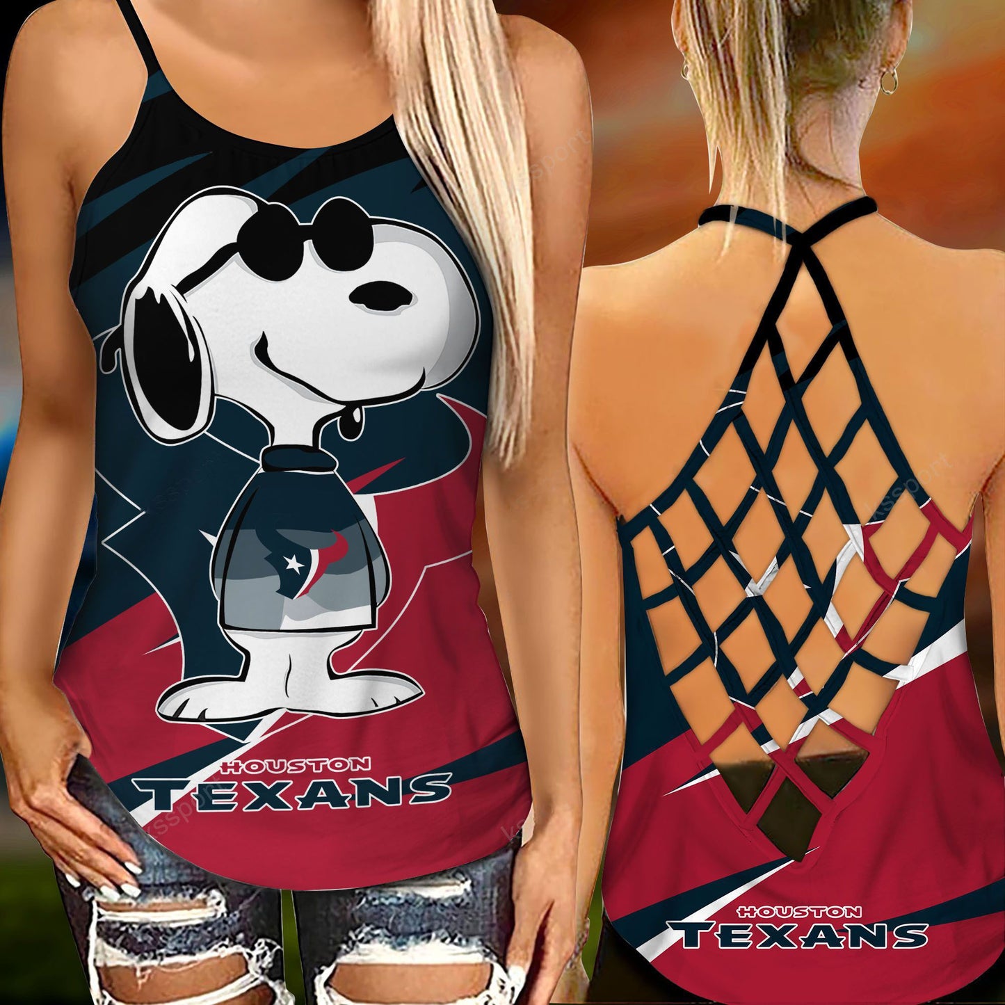 Houston Texans Leggings And Criss Cross Tank Top BG84