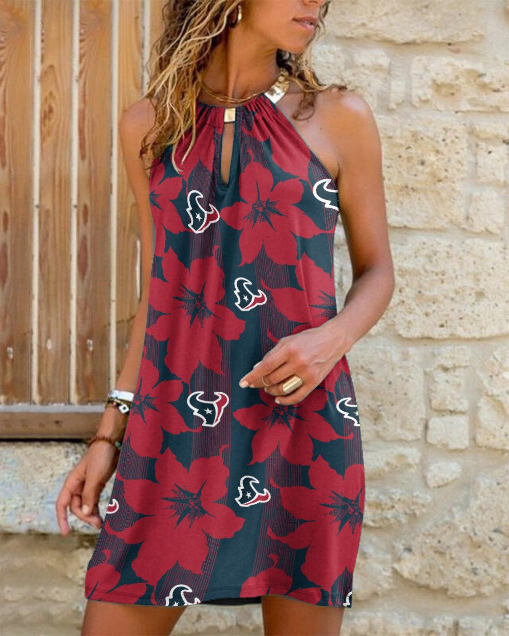 Houston Texans Summer Casual Metal Halter Neck Sleeveless Dress 15