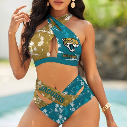 Jacksonville Jaguars Women’s 2PCS Bikini Swimsuit Criss Cross Cutout Bathing Suit S9BCCB072