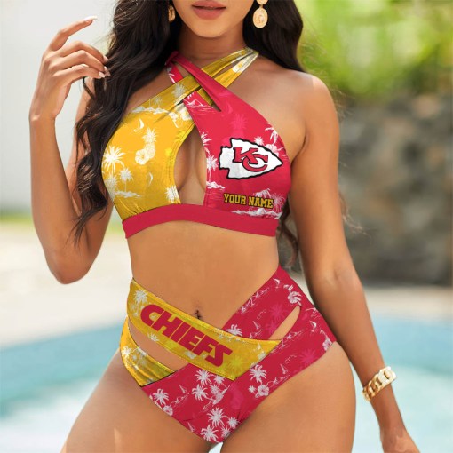 Kansas City Chiefs Women’s 2PCS Bikini Swimsuit Criss Cross Cutout Bathing Suit S9BCCB073