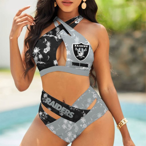 Las Vegas Raiders Women’s 2PCS Bikini Swimsuit Criss Cross Cutout Bathing Suit S9BCCB074