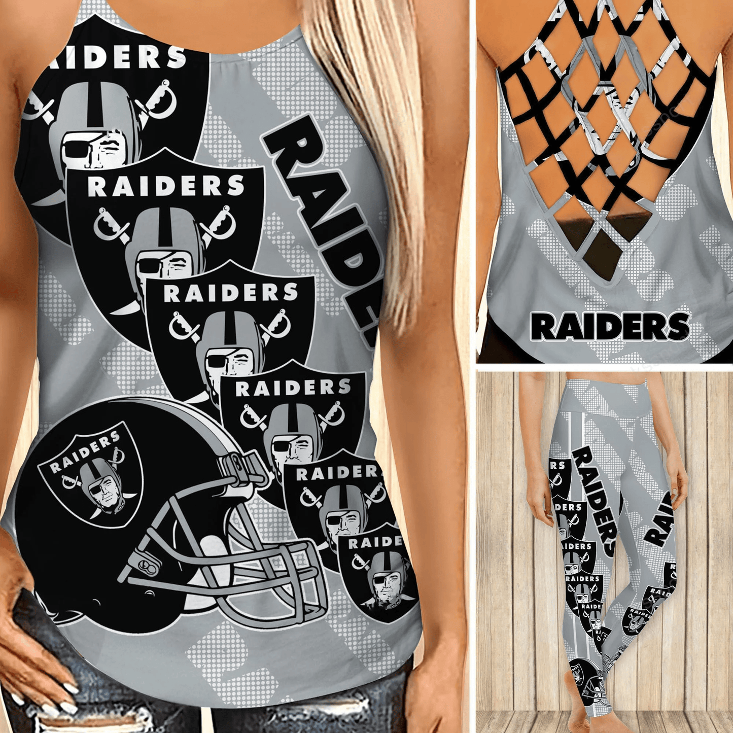 Las Vegas Raiders Leggings And Criss Cross Tank Top BG23