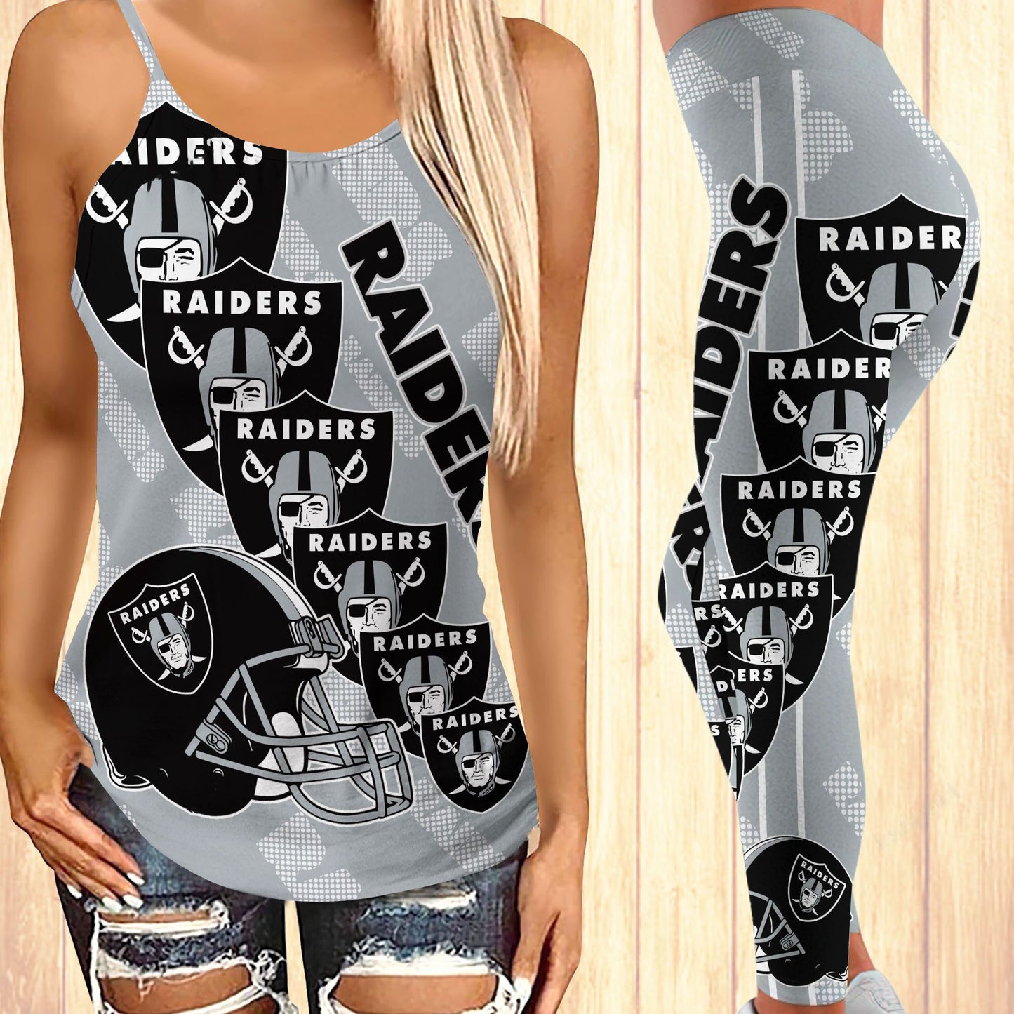 Las Vegas Raiders Leggings And Criss Cross Tank Top BG23