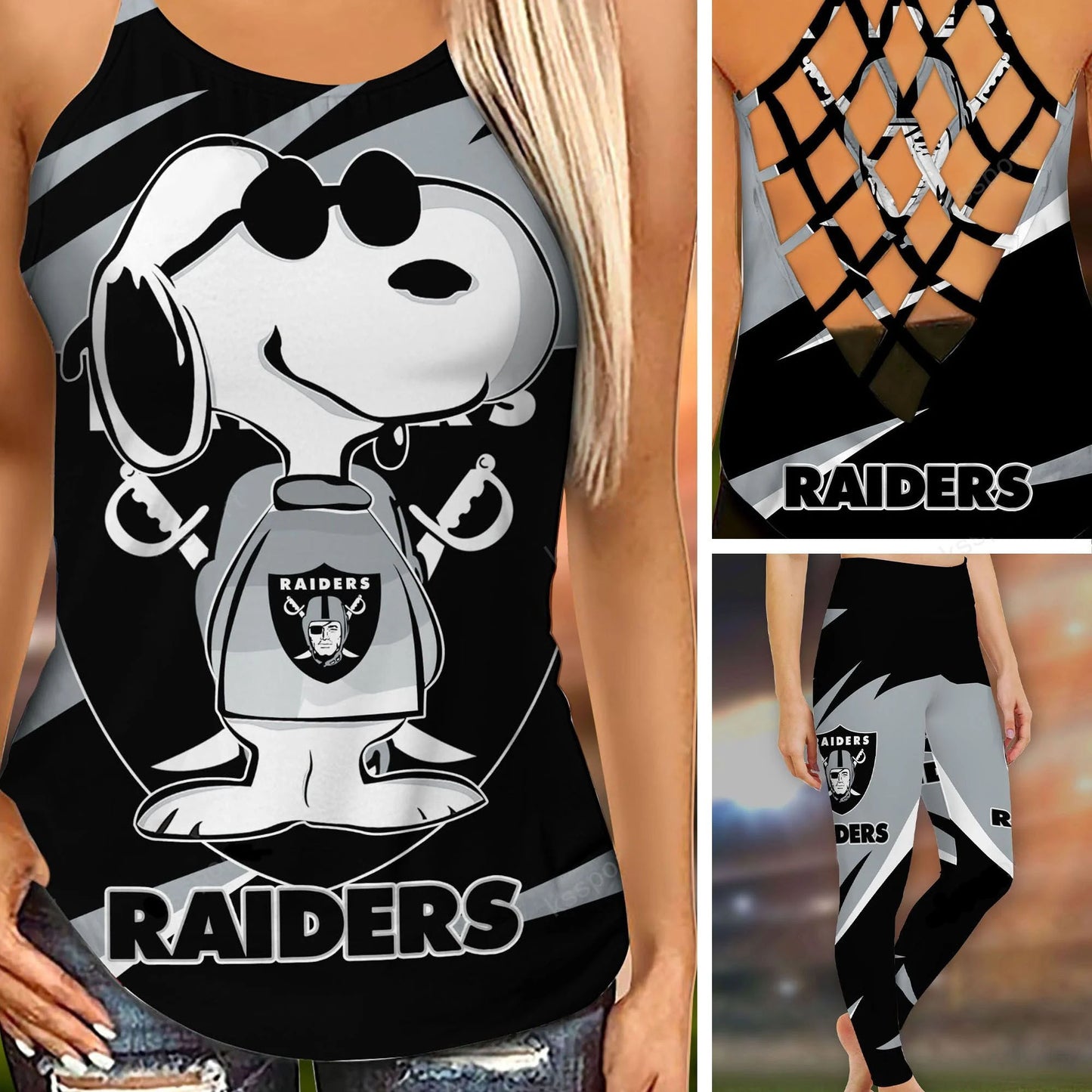 Las Vegas Raiders Leggings And Criss Cross Tank Top BG88
