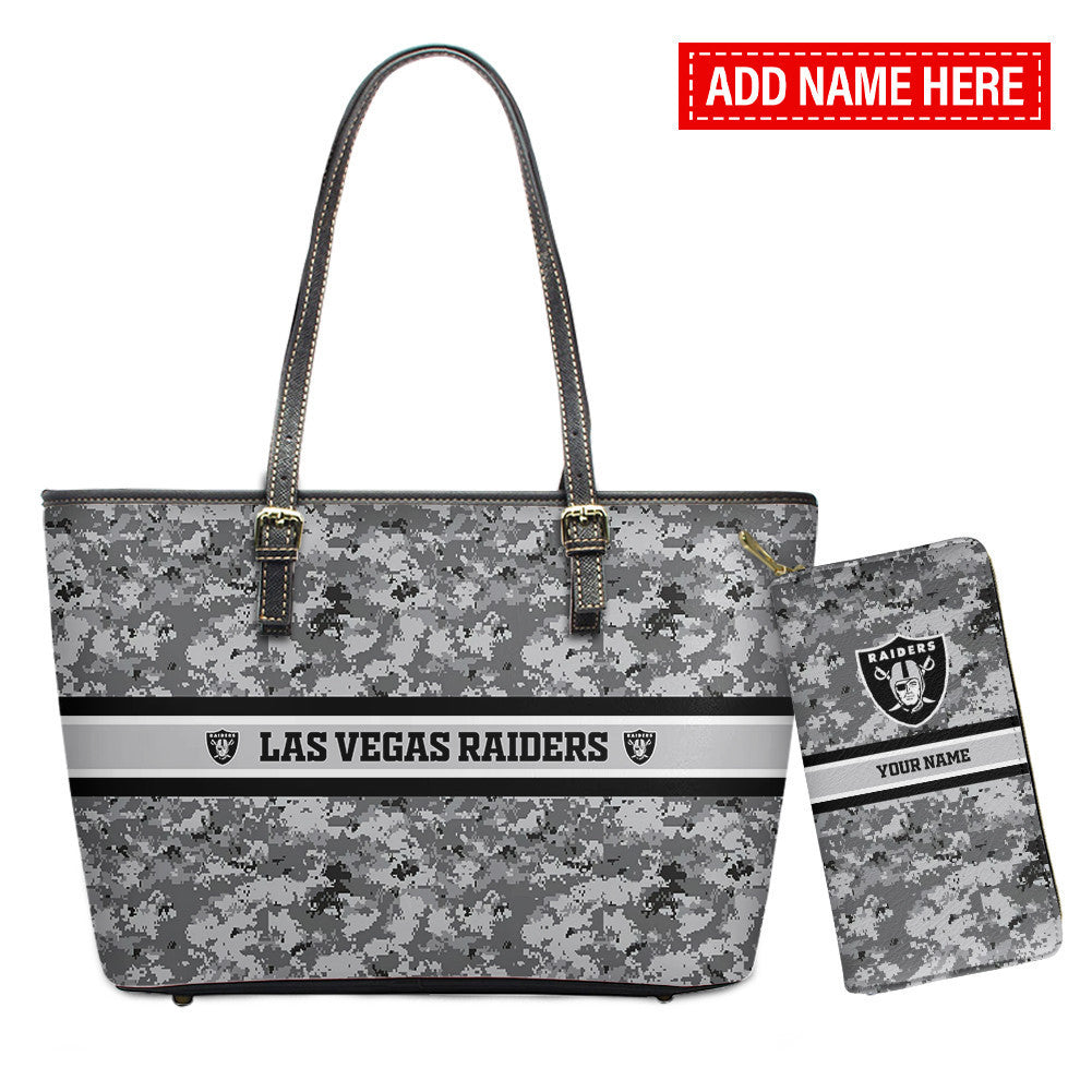 Las Vegas Raiders Personalized Leather Tote Hand Bag and Purse Set BB05