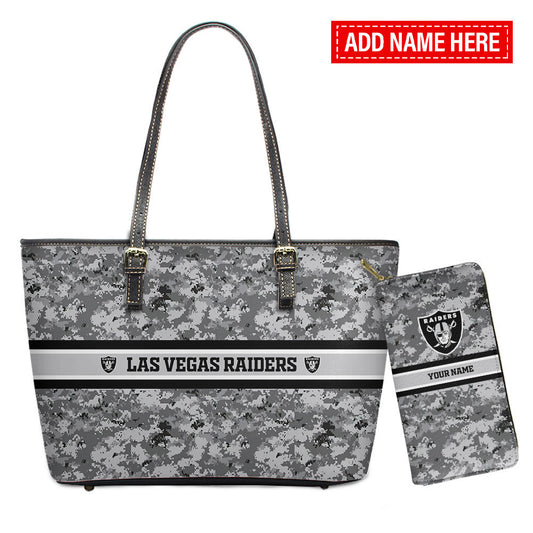 Las Vegas Raiders Personalized Leather Tote Hand Bag and Purse Set BB05