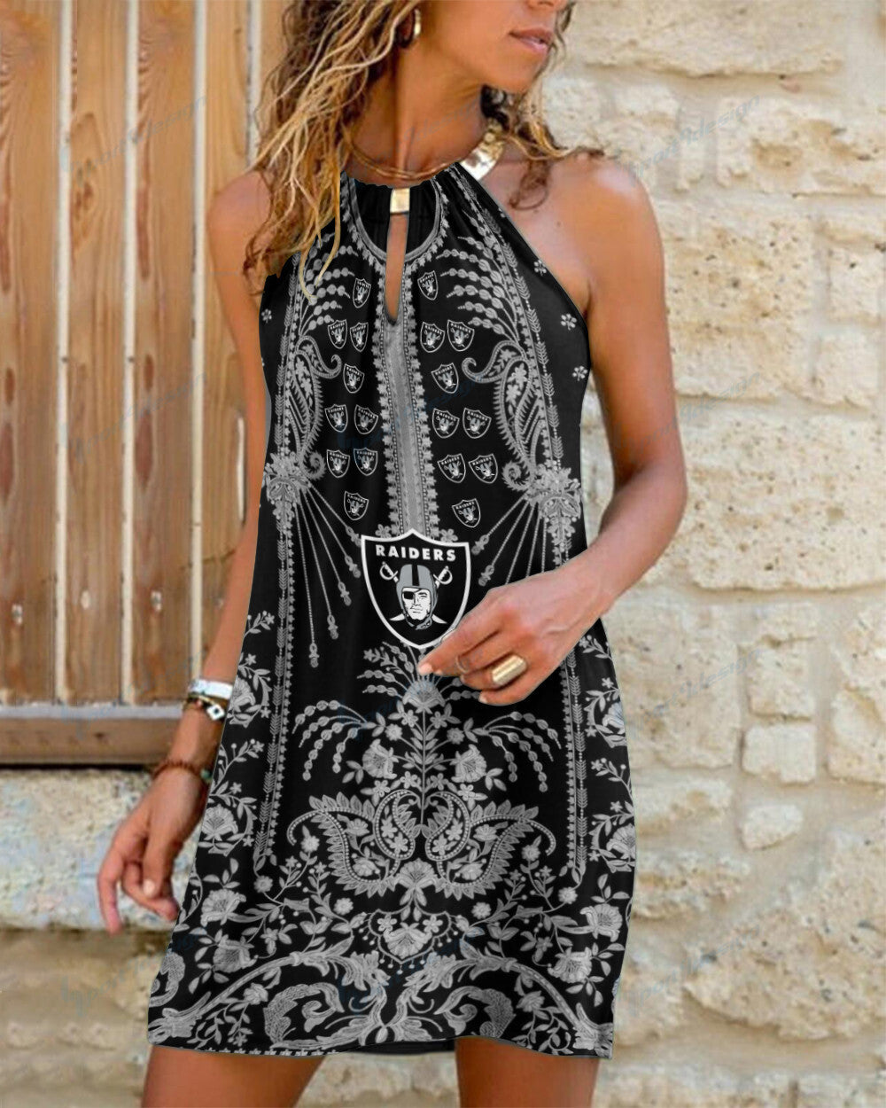 Las Vegas Raiders Summer Casual Metal Halter Neck Sleeveless Dress 161