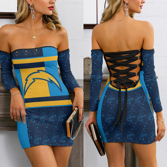Los Angeles Chargers Lace Up Back Bardot Bodycon Dress BG06