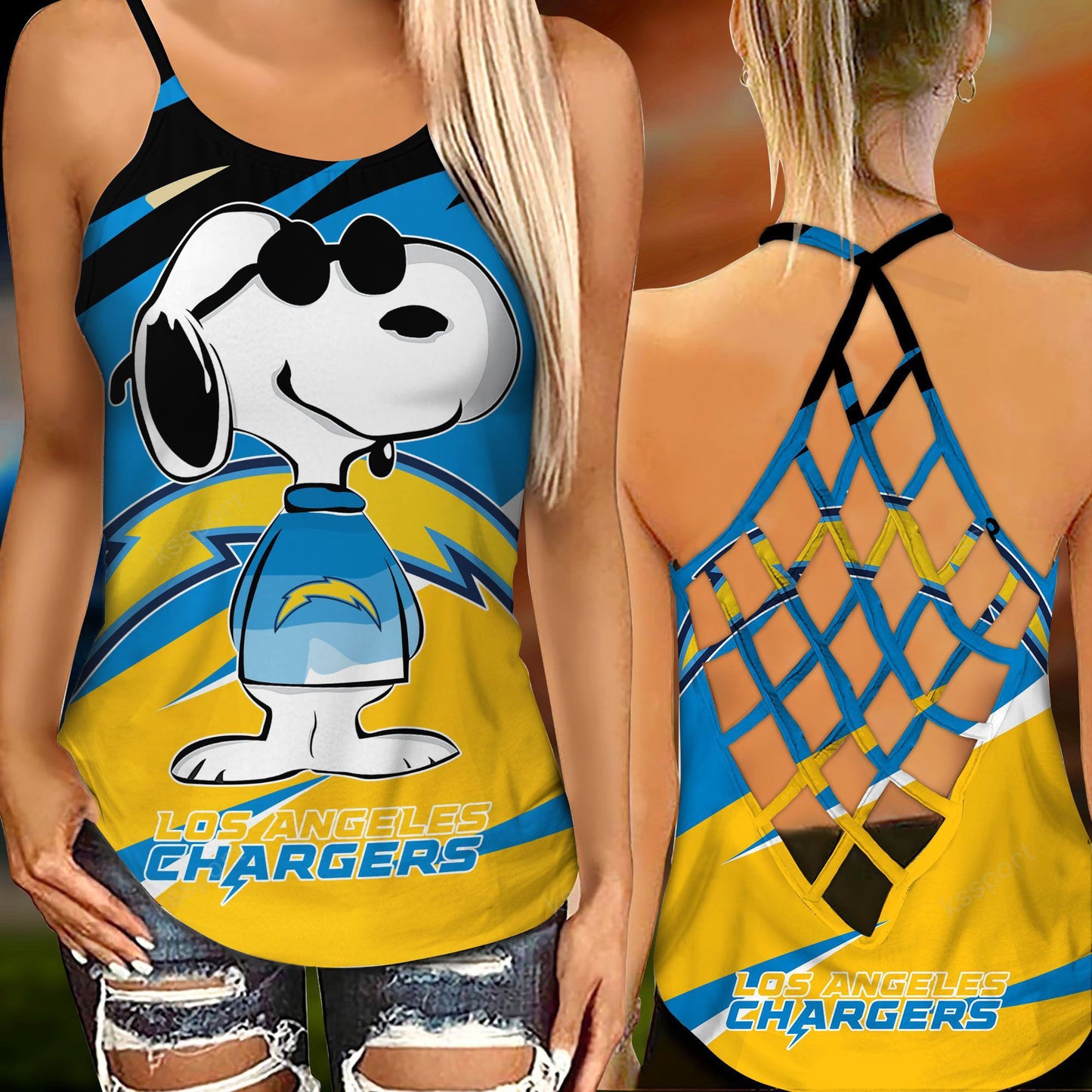 Los Angeles Chargers Leggings And Criss Cross Tank Top BG89
