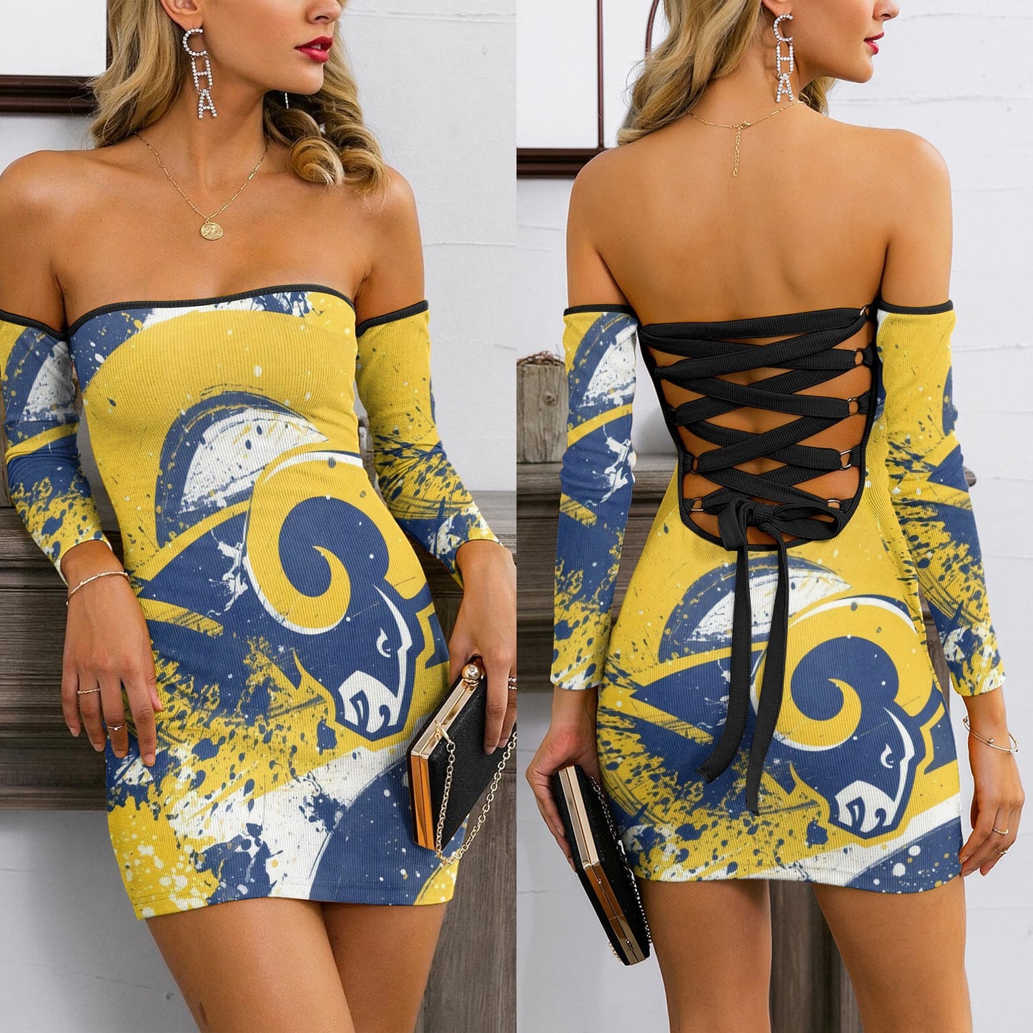 Los Angeles Rams Lace Up Back Bardot Bodycon Dress BG02