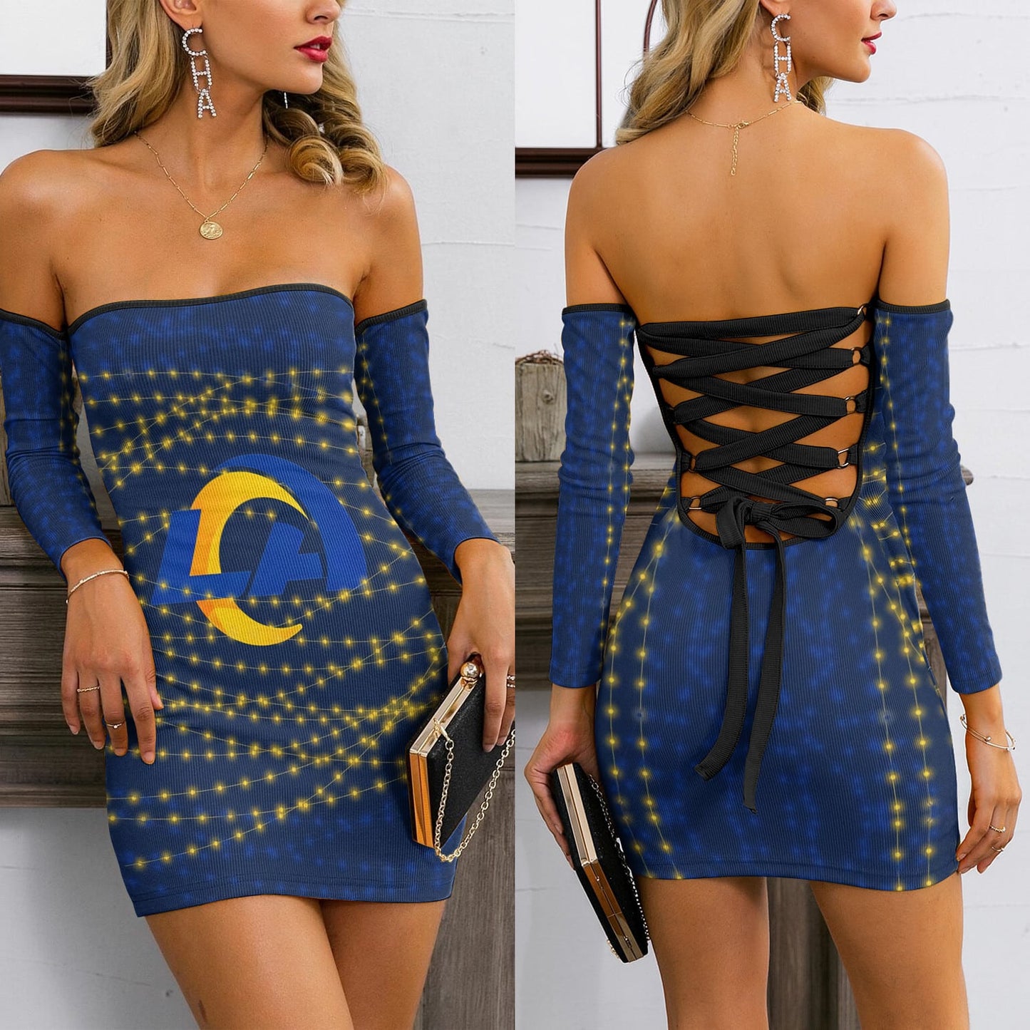 Los Angeles Rams Lace Up Back Bardot Bodycon Dress BG07