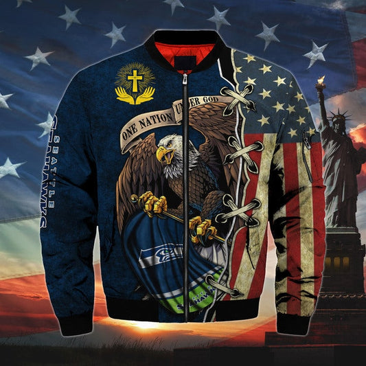 Men’s One Nation Under God Seattle Seahawks Bomber Jackets
