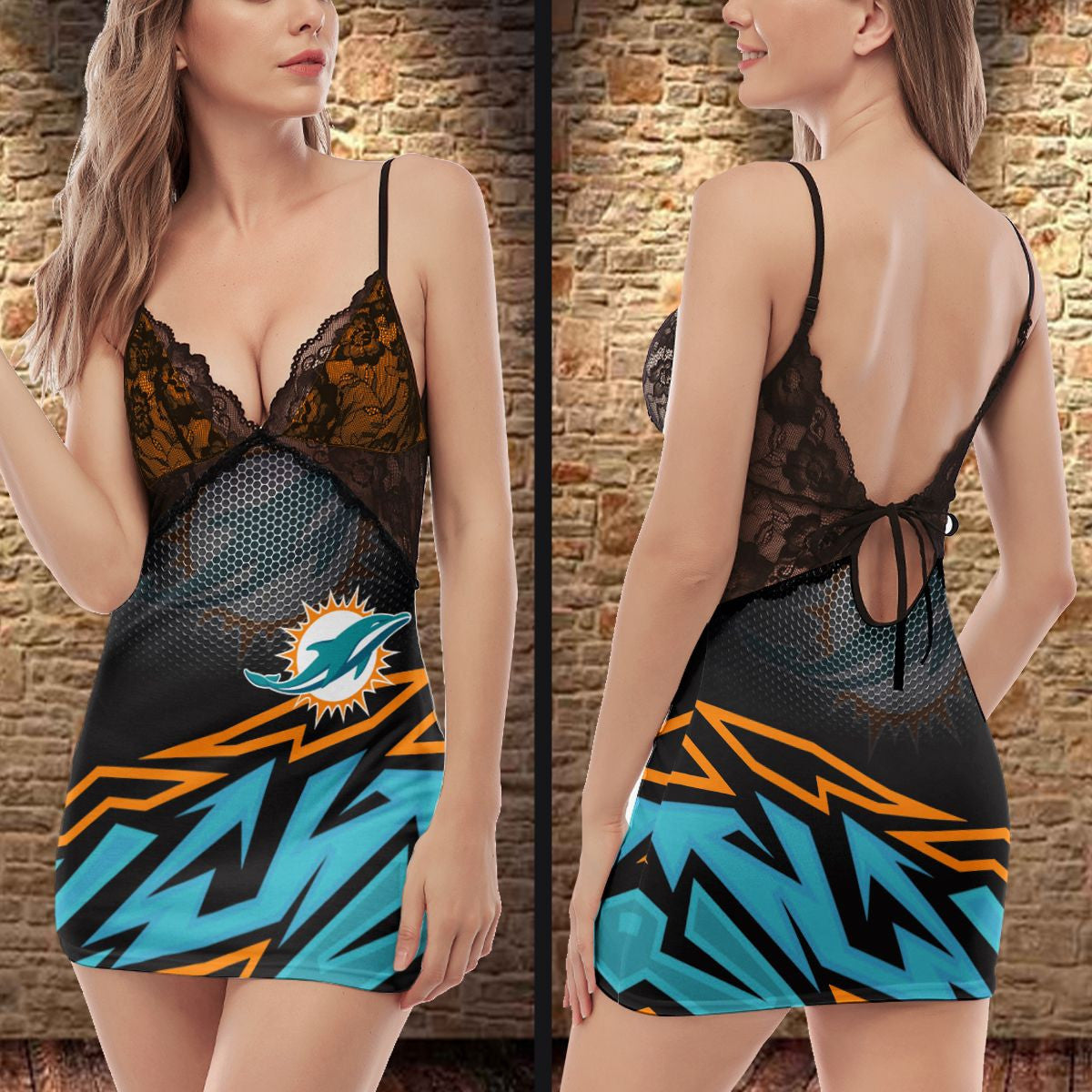 Miami Dolphins Lace Back Strap Slip Dress 397