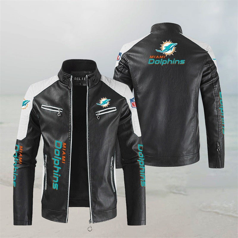 Miami Dolphins Stand Collar Leather Jacket BG40