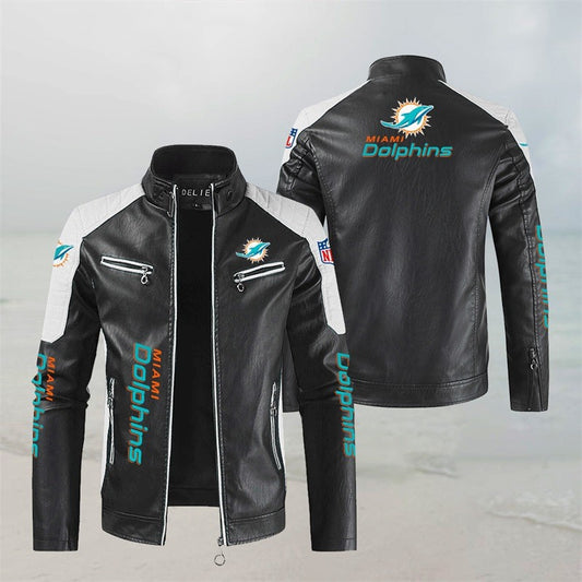 Miami Dolphins Stand Collar Leather Jacket BG40