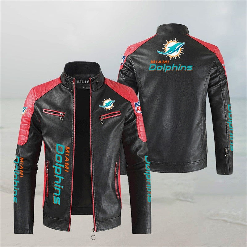 Miami Dolphins Stand Collar Leather Jacket BG40