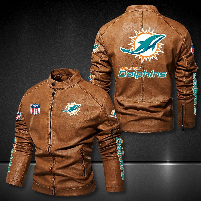Miami Dolphins Stand-up Collar Leather Jacket BG12