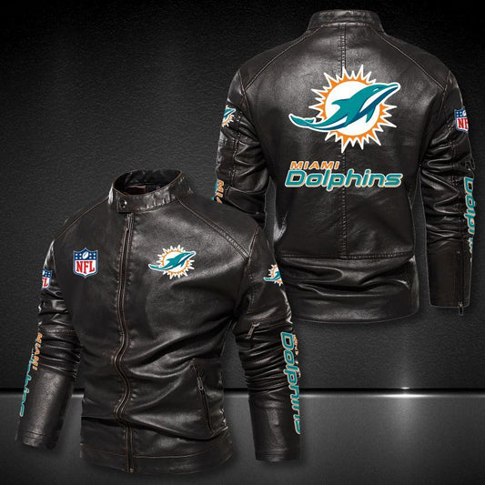 Miami Dolphins Stand-up Collar Leather Jacket BG12