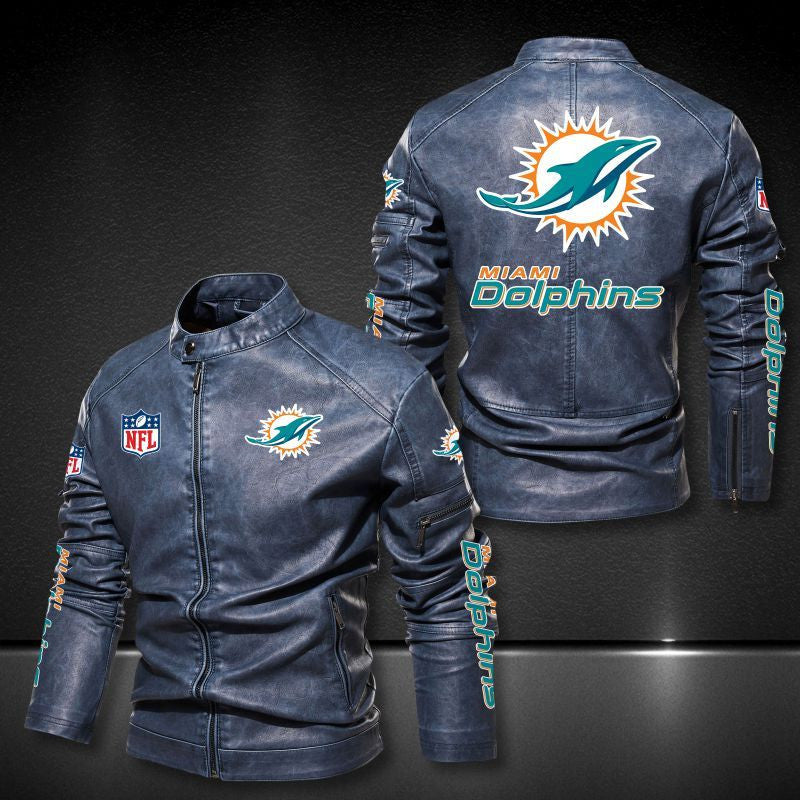 Miami Dolphins Stand-up Collar Leather Jacket BG12