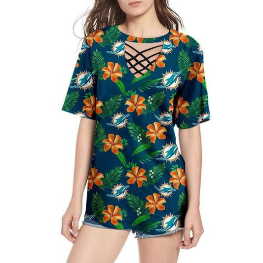 Miami Dolphins Women Summer String Short Sleeve Shirt BG18