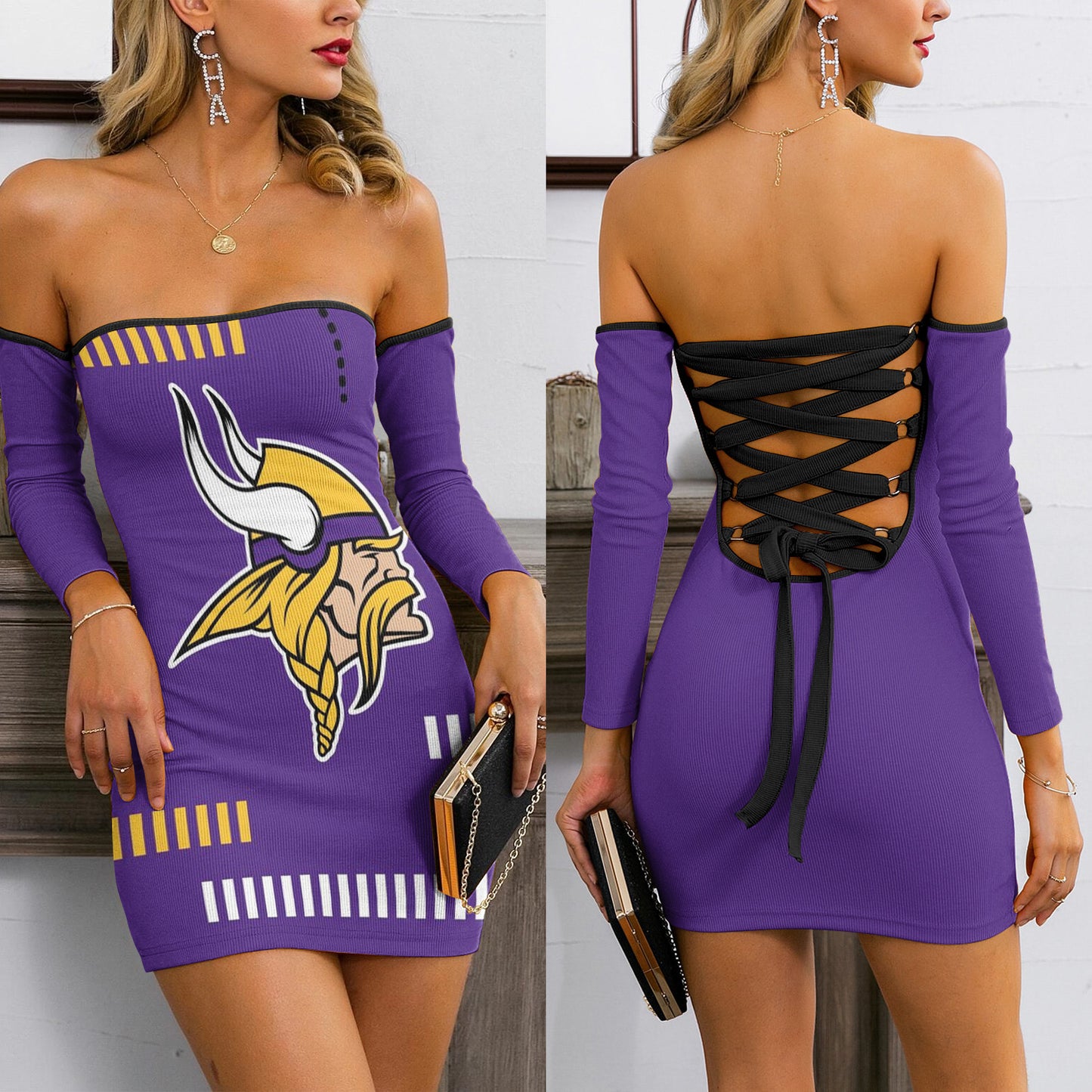 Minnesota Vikings Lace Up Back Bardot Bodycon Dress BG16