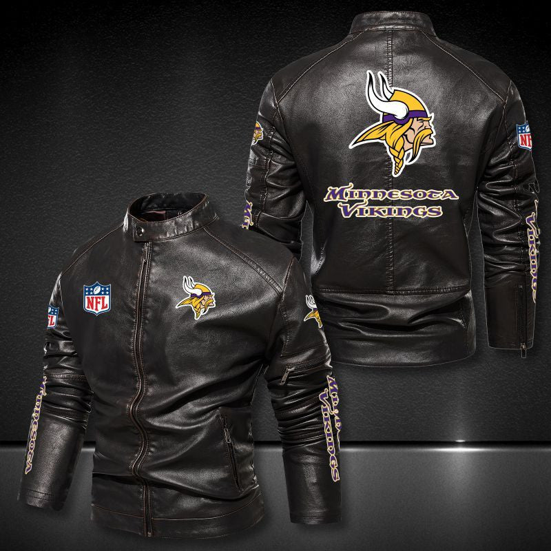 Minnesota Vikings Stand-up Collar Leather Jacket BG11