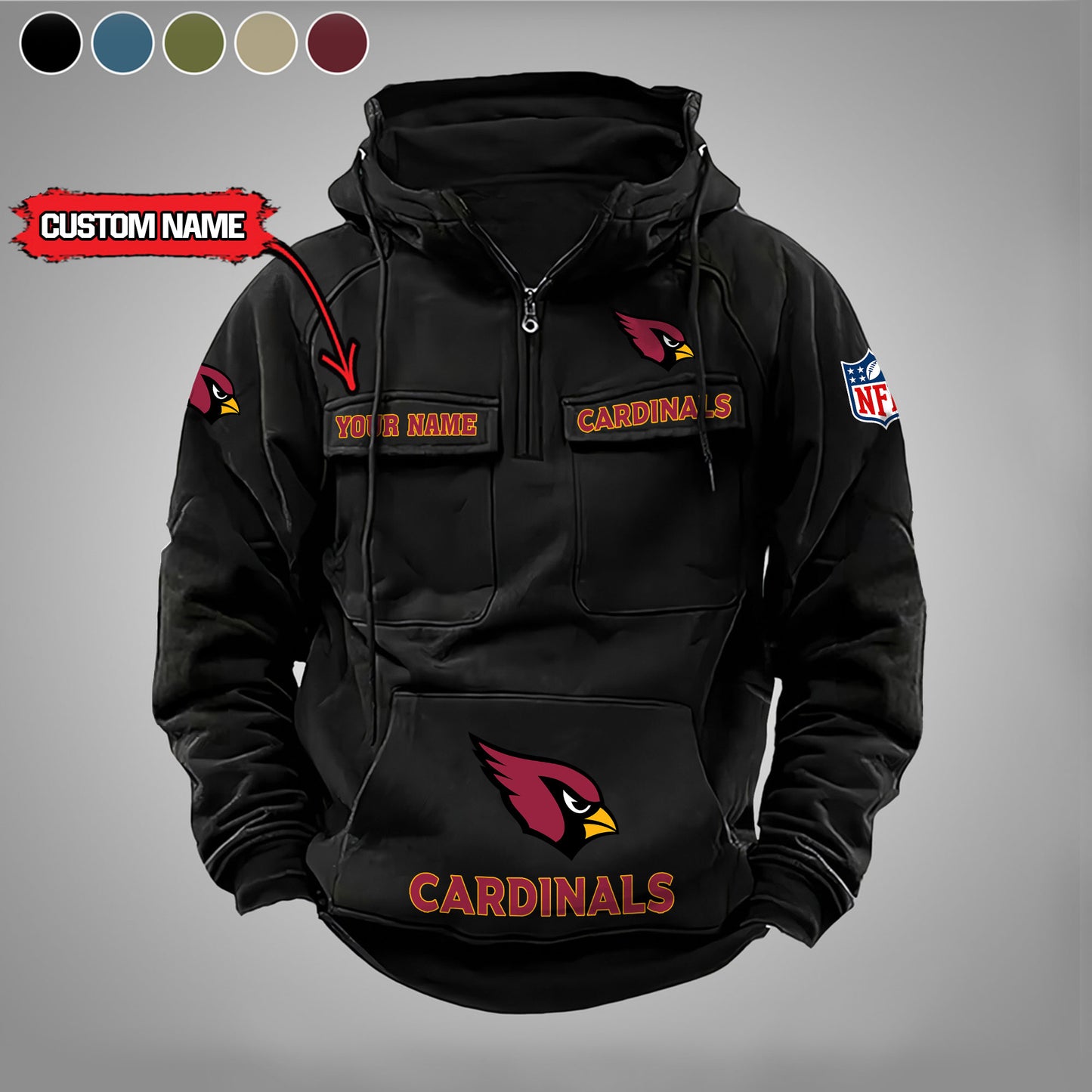 Arizona Cardinals  New Personalized Multi-Pockets Zip Hoodie AZBTMZHD000028