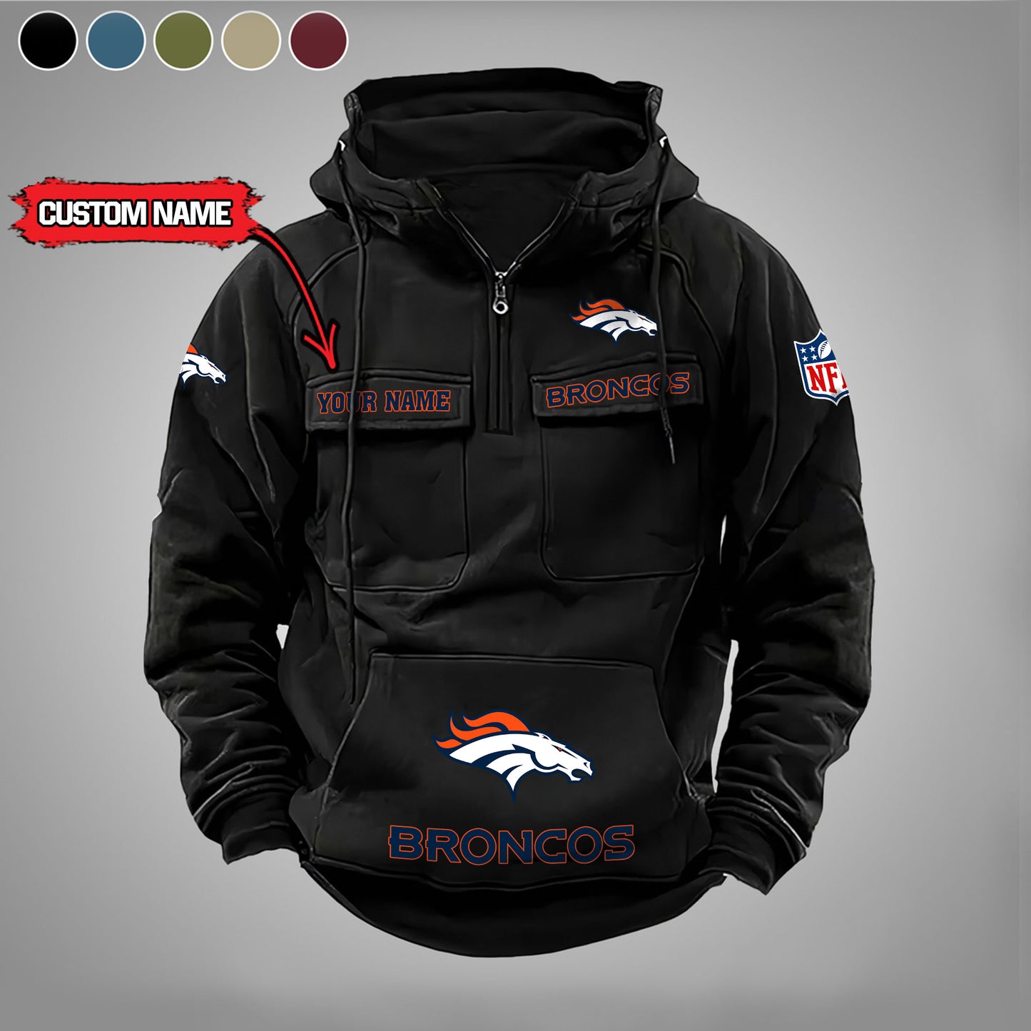 Denver Broncos  New Personalized Multi-Pockets Zip Hoodie AZBTMZHD000019