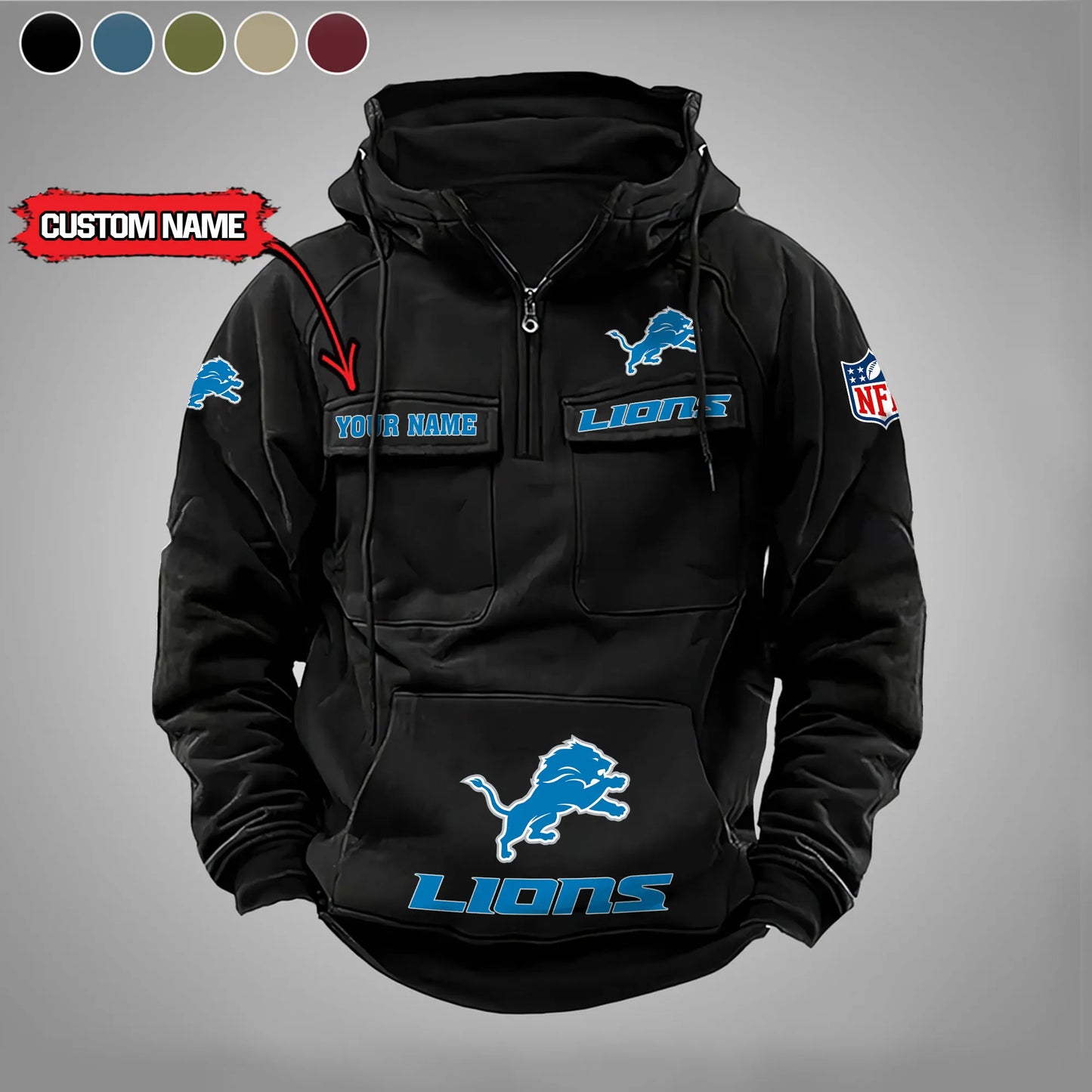 Detroit Lions  New Personalized Multi-Pockets Zip Hoodie AZBTMZHD000020