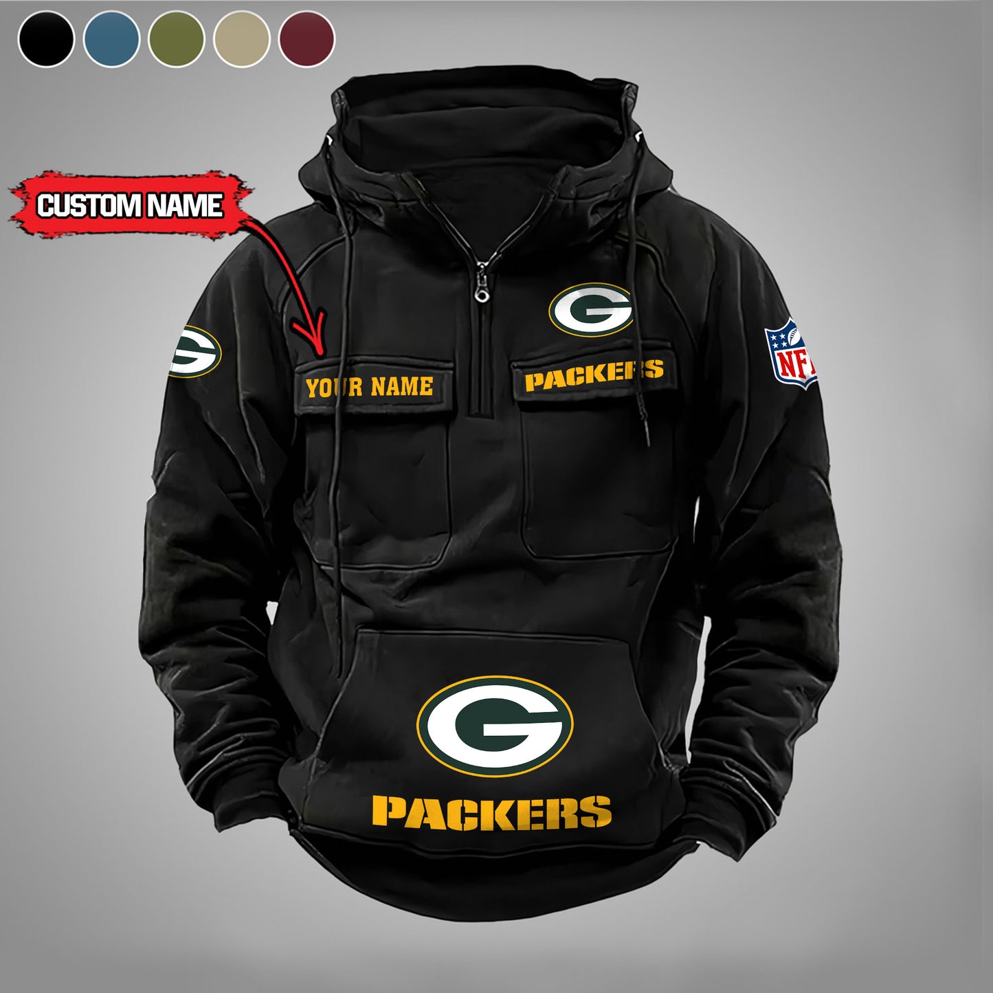 Green Bay Packers New Personalized Multi-Pockets Zip Hoodie AZBTMZHD000021