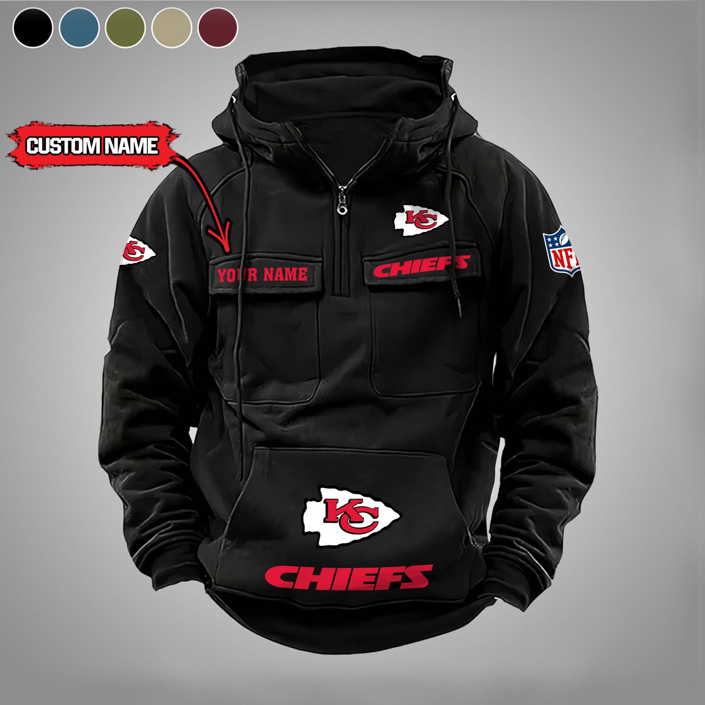 Kansas City Chiefs New Personalized Multi-Pockets Zip Hoodie AZBTMZHD000009