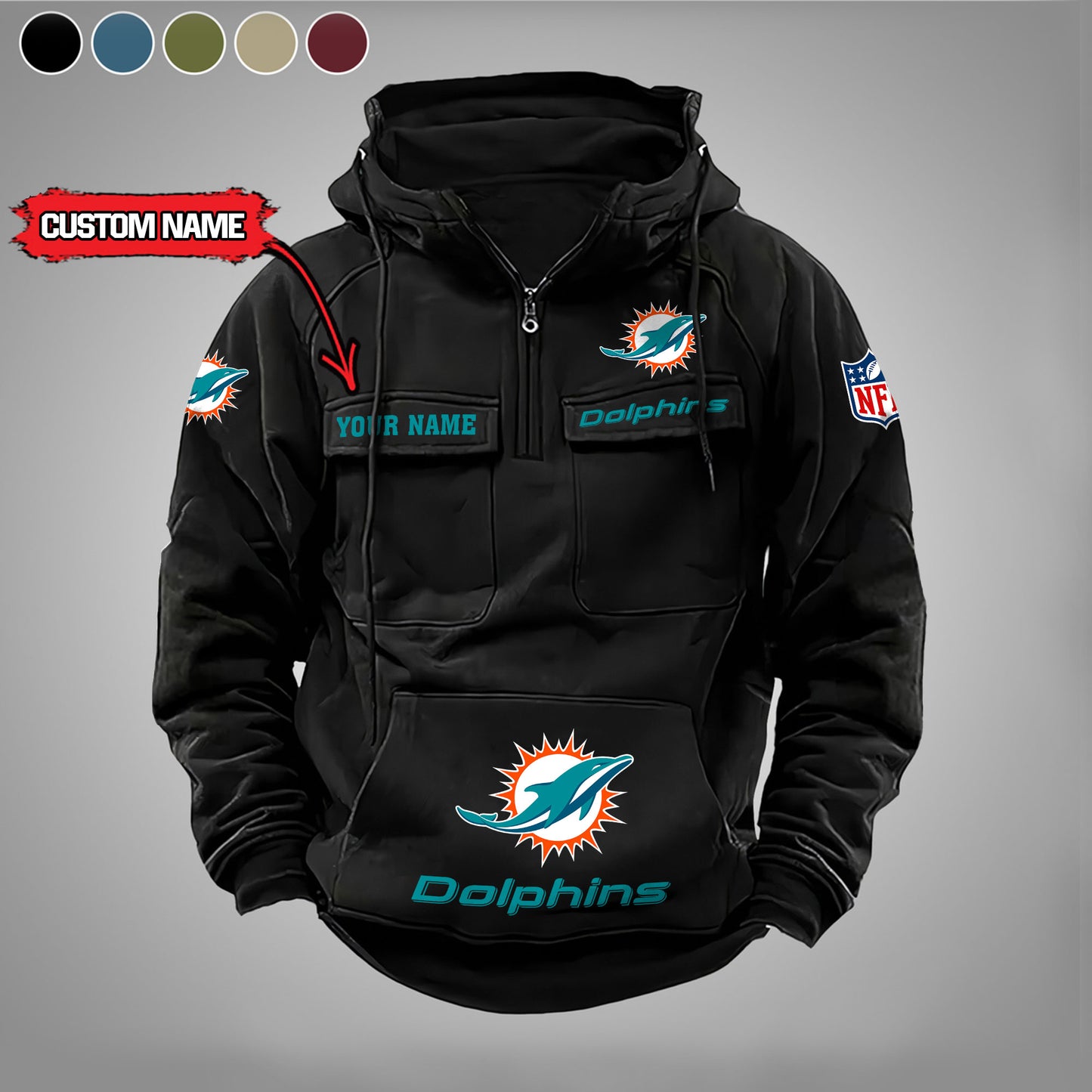 Miami Dolphins  New Personalized Multi-Pockets Zip Hoodie AZBTMZHD000010