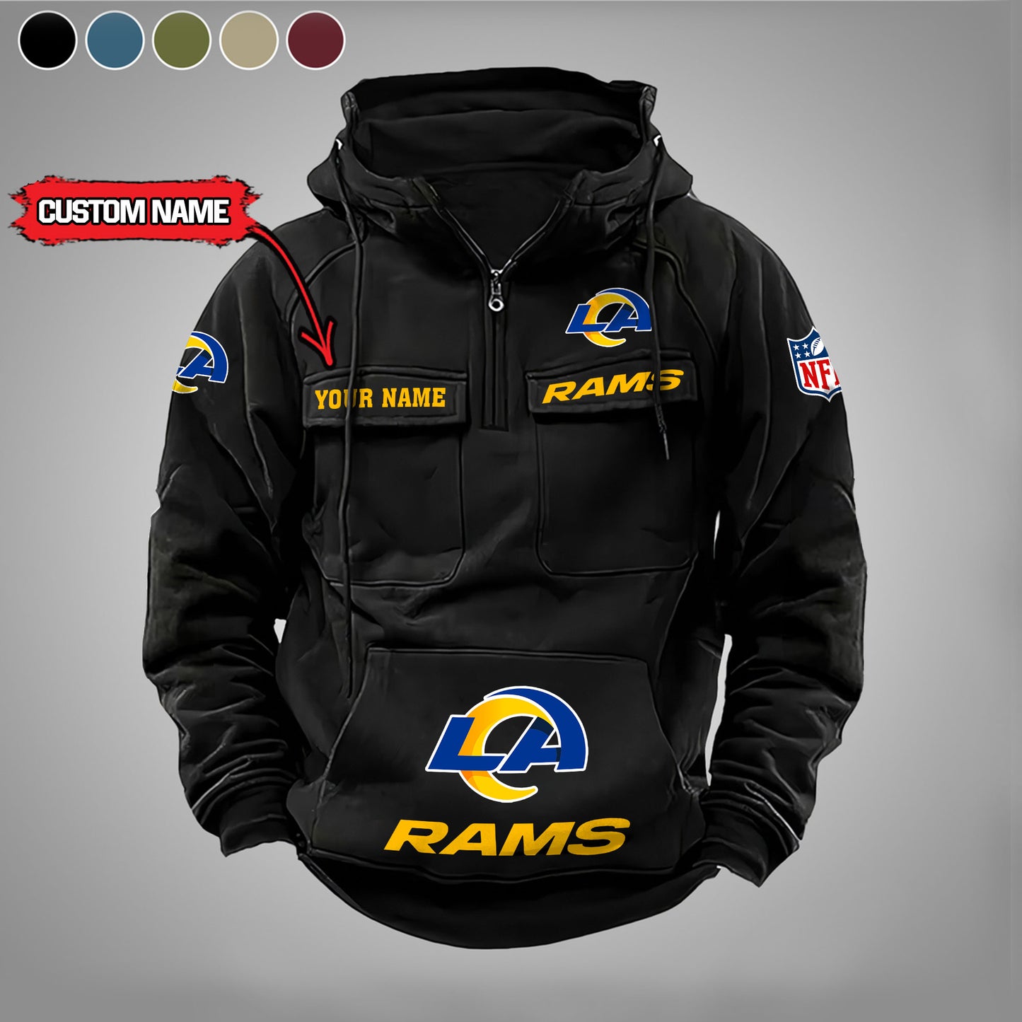 Los Angeles Rams New Personalized Multi-Pockets Zip Hoodie AZBTMZHD000002