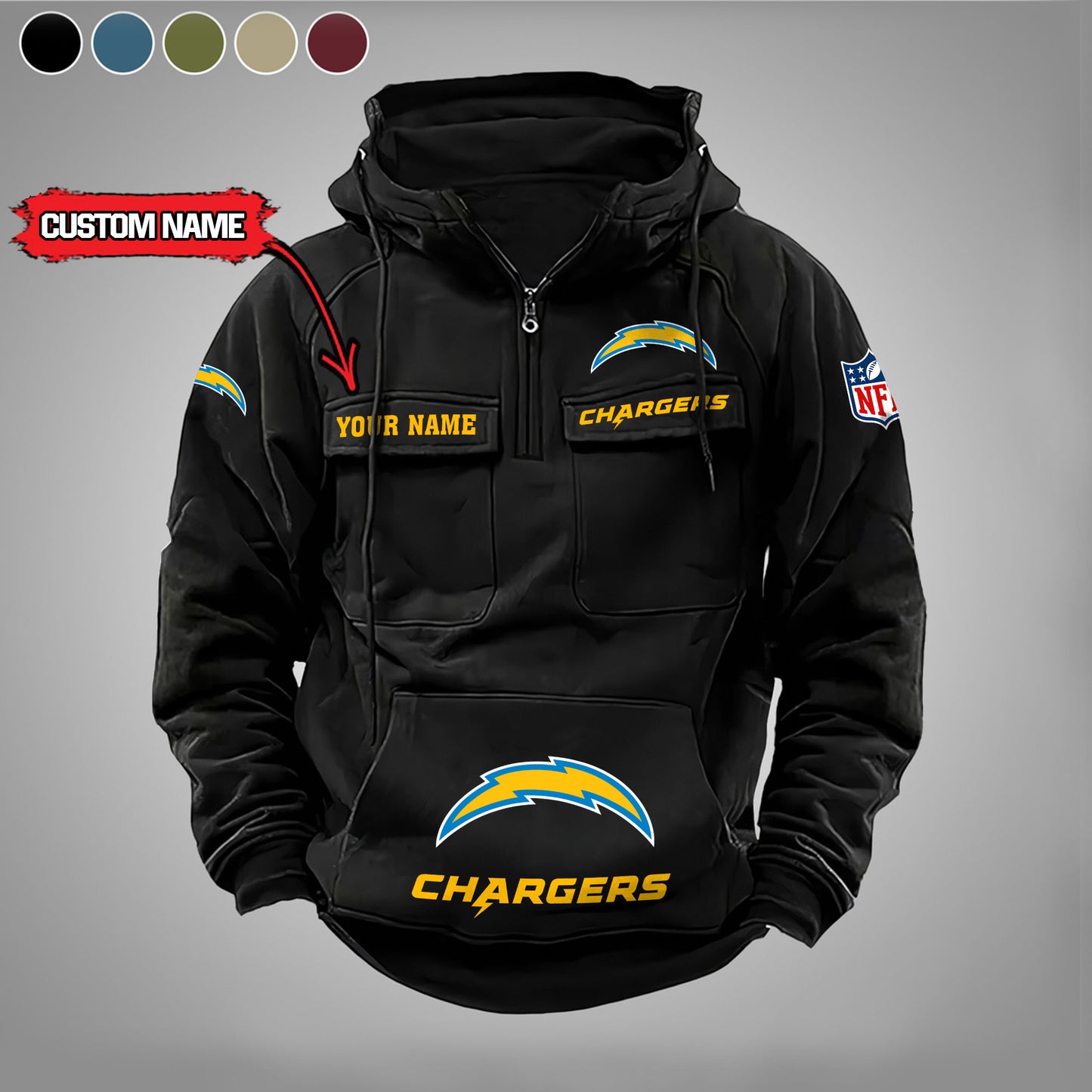 Los Angeles Chargers New Personalized Multi-Pockets Zip Hoodie AZBTMZHD000003
